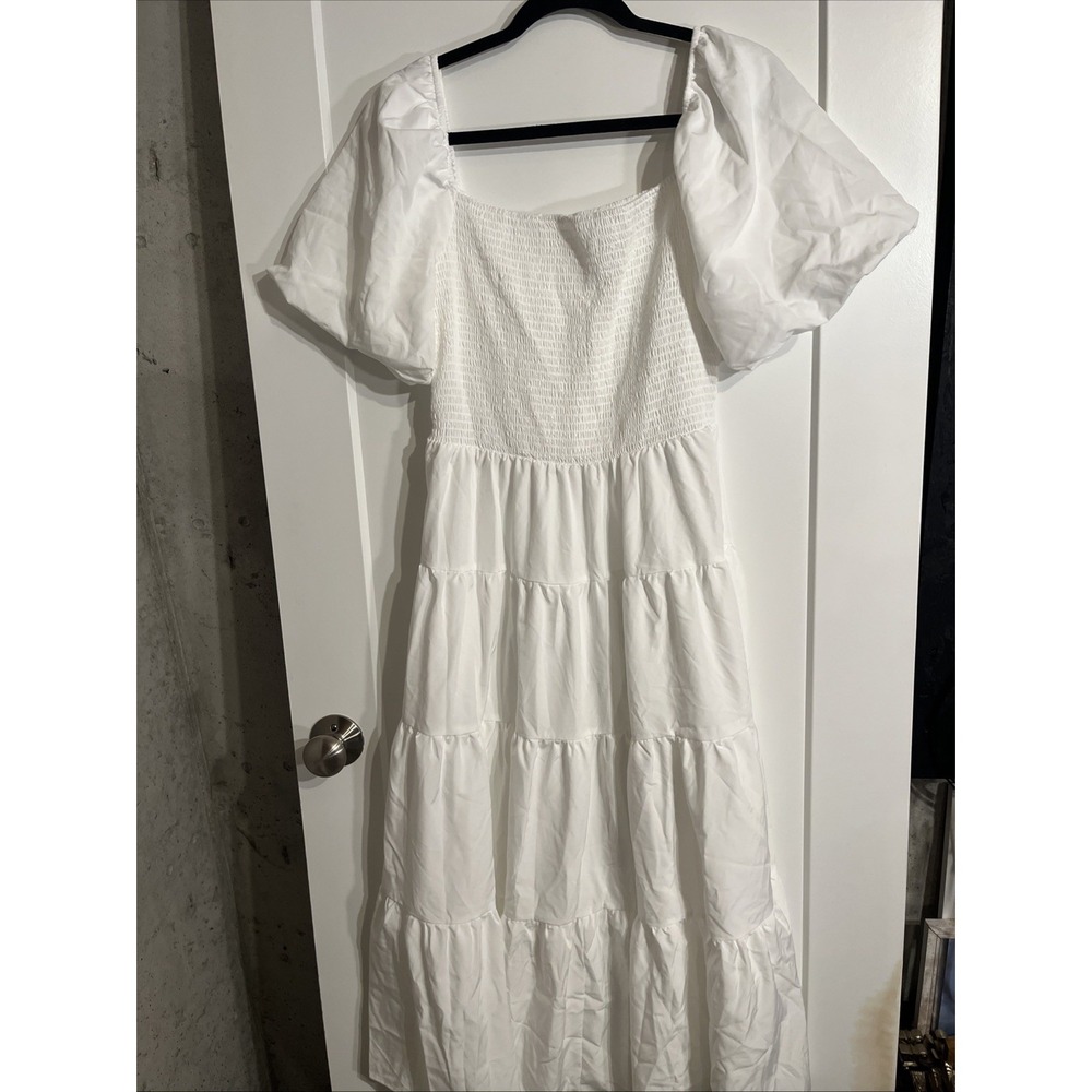 SHEIN Womens White Cotton Poplin Smocked Puff Sleeve Tiered Midi Dress Large